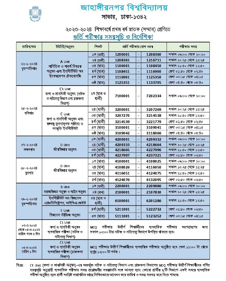 Jahangirnagar university Admission Test Schedule